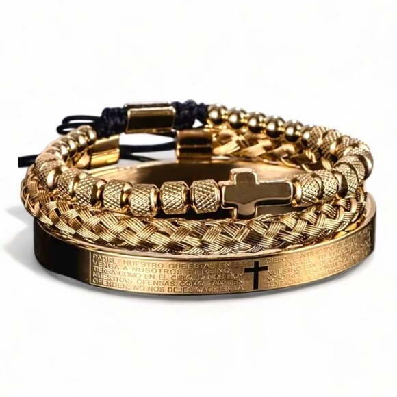 NEW - 3PC STUNNING STAINLESS STEEL BRACELET SET FAITH BASED - GOLD - Picture 1 of 5